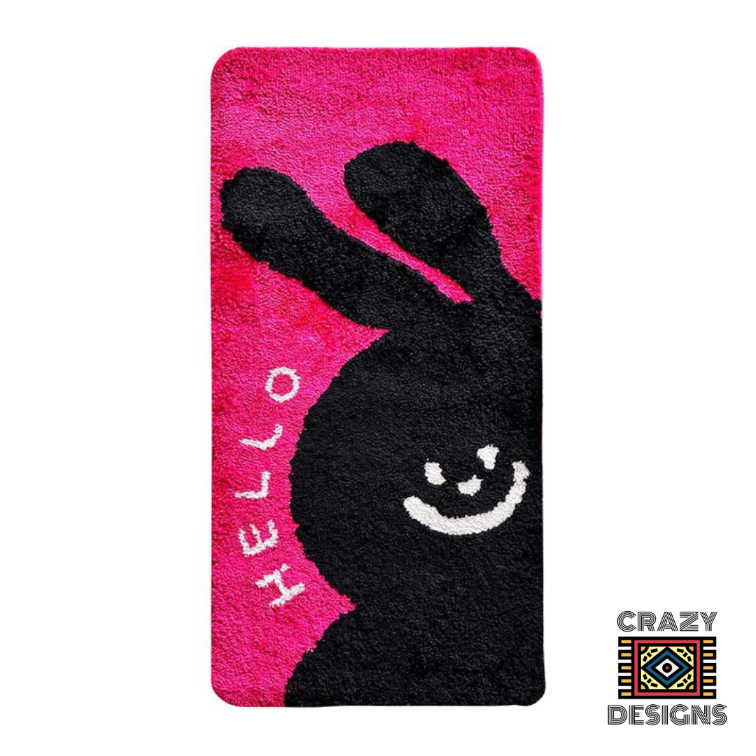 Custom Tufted Black "Hello" Rabbit & Flower Pink Carpet Rugs