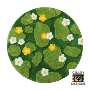 Custom Tufted 3D Green Field Flower Nature Round Carpet Rug