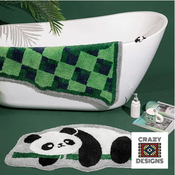 Custom Tufted Panda & Green Checkered Non-Slip Bathroom Carpet Rugs