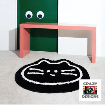 Custom Tufted Black Cartoon Cat Face Non-Slip Plush Carpet Rug