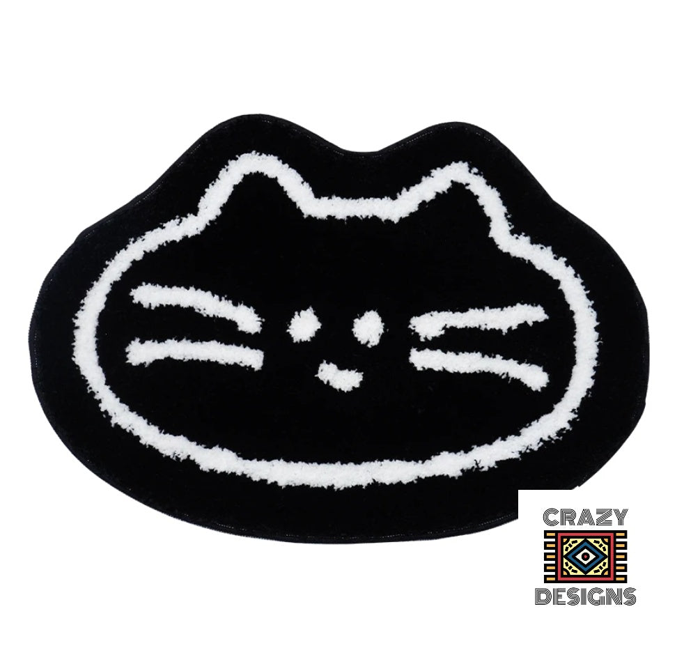 Custom Tufted Black Cartoon Cat Face Non-Slip Plush Carpet Rug