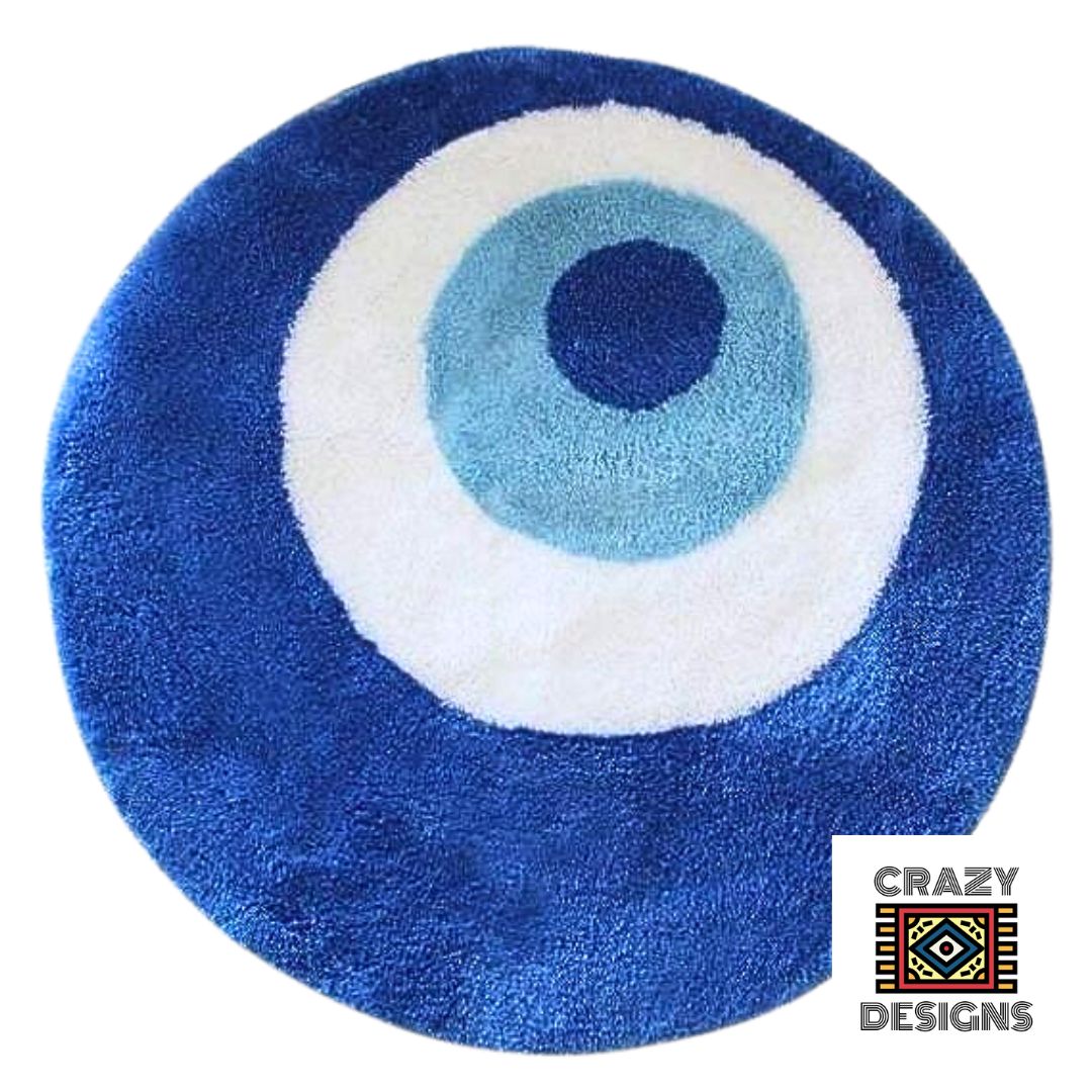 Custom Tufted 'Evil Eye' Blue Circle Plush Non-Slip Carpet Rug